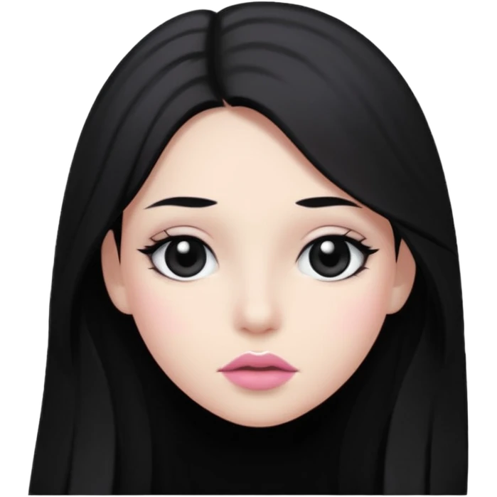 hair long black normal hair with black eyes, and white skin, white pinkish lip  emoji