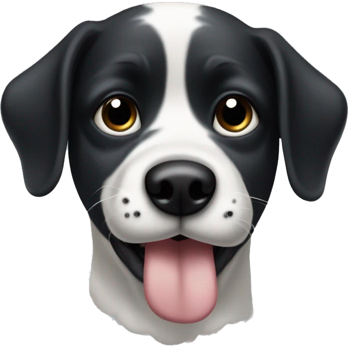 black and white dog with one small black eye patch and one big black eye patch sticking tongue out emoji
