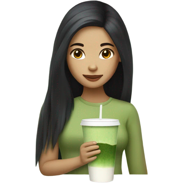 female with long black hair holding an iced matcha emoji