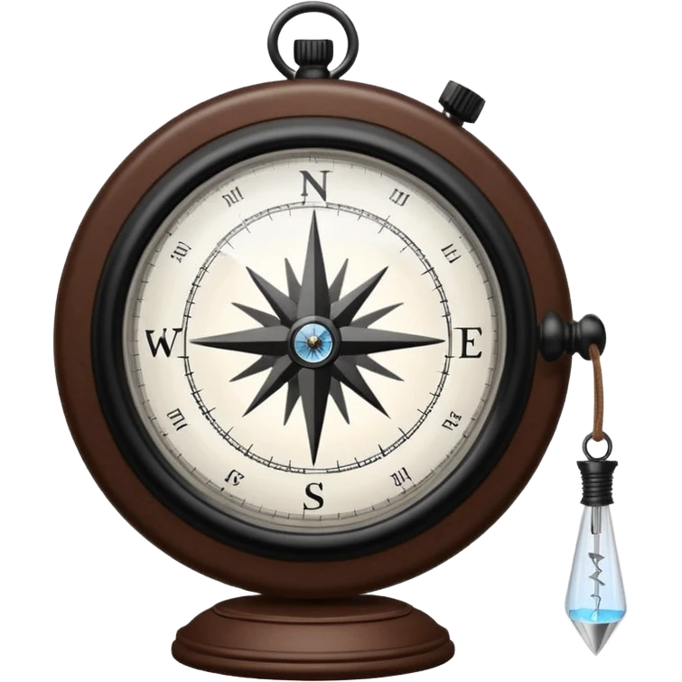 Clear glass orb with black compass needle pointing right, suspended by thin brown leather cord, bright white glowing dial face with dark rim emoji