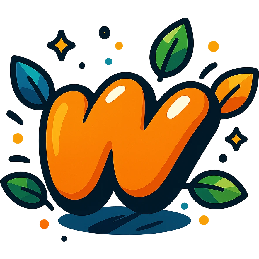 rounded, energetic Wattpad 'w' logo, thick black outline, dramatic shadows, shiny highlights, surrounded by colorful leaves, transparent background, vibrant toon style emoji