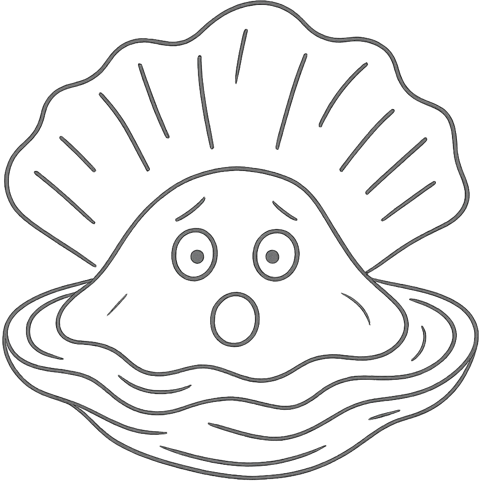 Cute oyster with a surprised expression, mouth in O shape, wide eyes, in hand drawn style, transparent background. emoji
