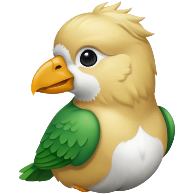 un oiseau classique de profil tout vert et un seul poil blond qui fait une petite bouclette sur le front avec le collier argenté avec des ronds attachés au collier est autour du coup de l’oiseau entre la tête et le corps emoji