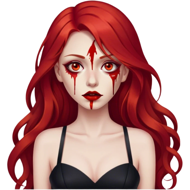 a woman with long red hair and red eyes. The woman wear a black metaphorical cutted dress. She have red lipstick. blood on face and metaphorical chest emoji