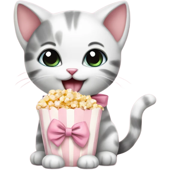 Cute Kitten with popcorn and baby pink bow on neck emoji