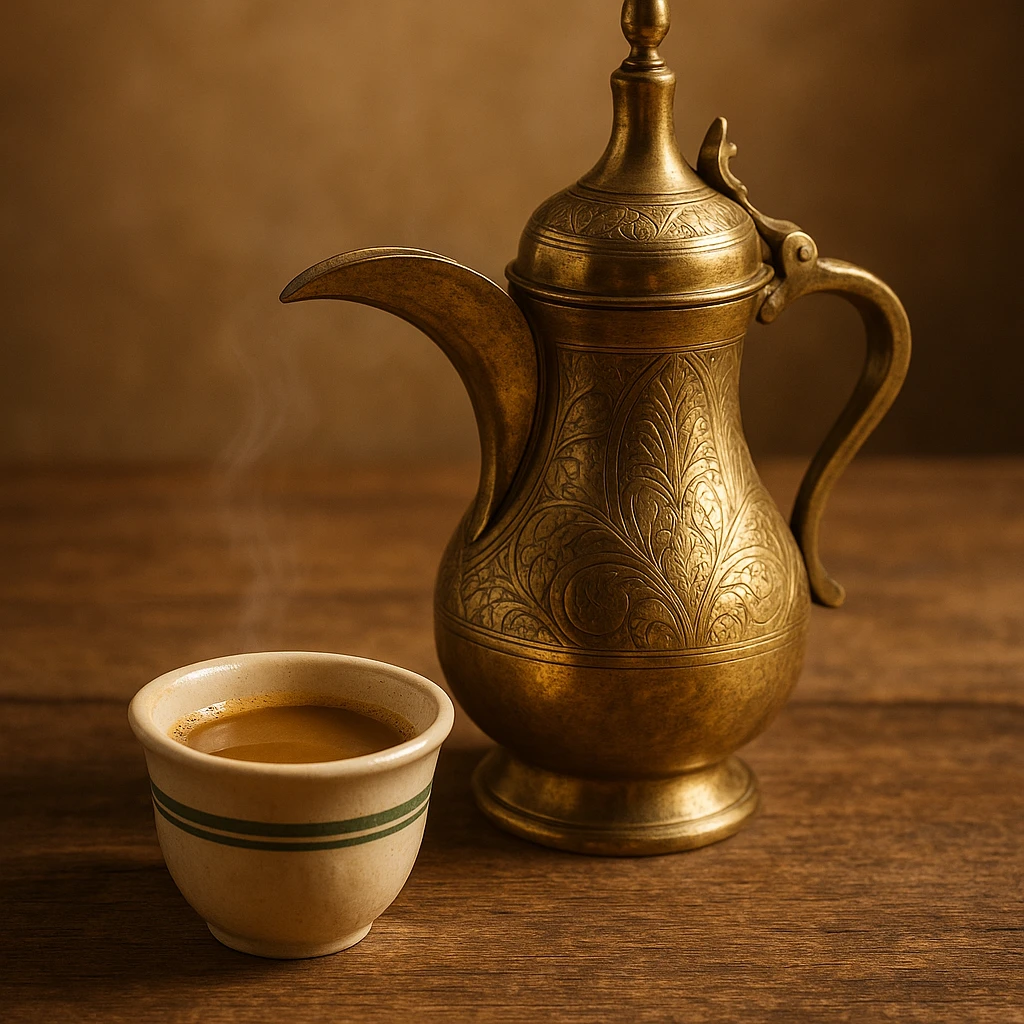 a cup of Saudi coffee with a traditional dallah pot and a small cup, warm and inviting atmosphere, intricate details, authentic look emoji