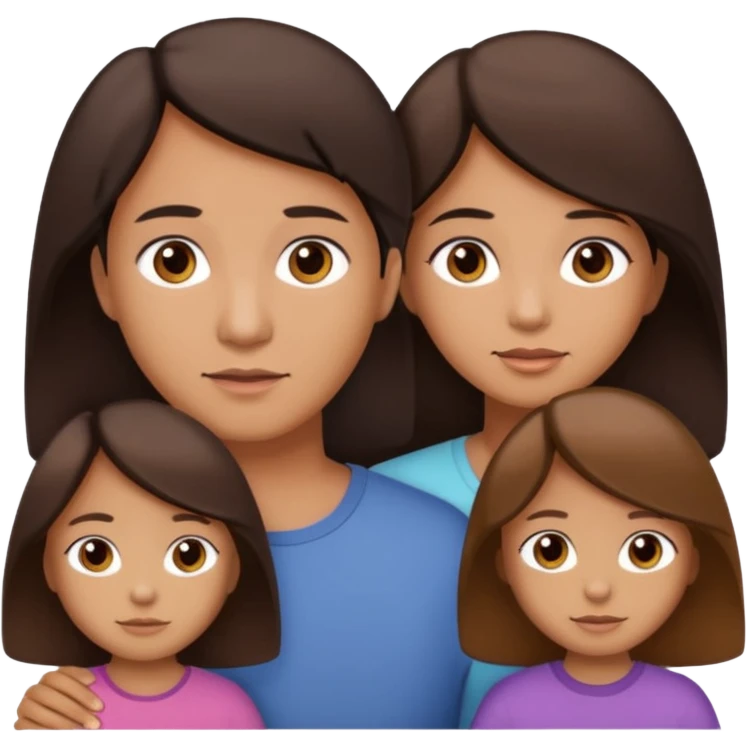 Family portrait with father with dark brown hair and black eyes, mother with light brown hair and brown eyes, three brown little girls with brown eyes emoji