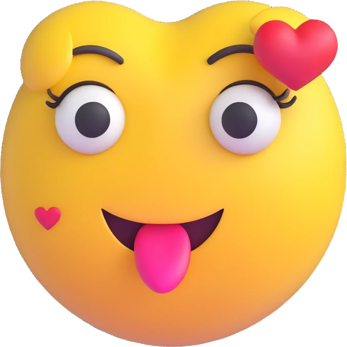 3D smiley emoji, large eyelashes, girly, heart-shaped earrings, blowing a kiss emoji