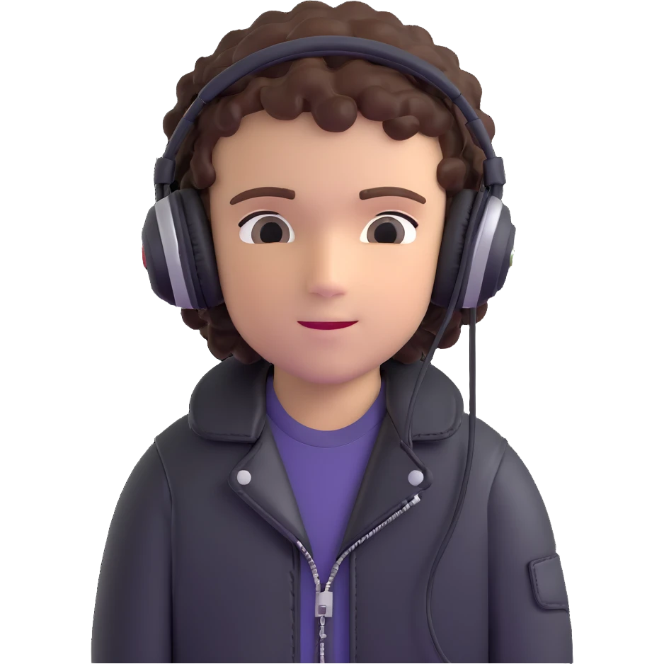 curly haired boy wearing a leather jacket and headphones music producer emoji
