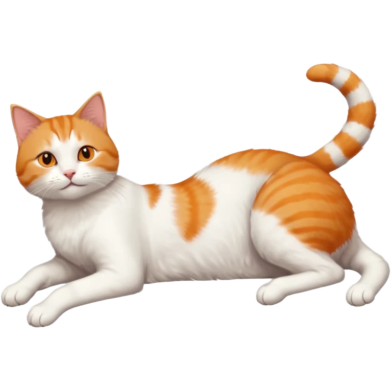 ginger and white cat with orange eyes doing a big extremely long stretch reaching up into the air with arms and legs side by side together straight and overextended whilst lying on its side emoji
