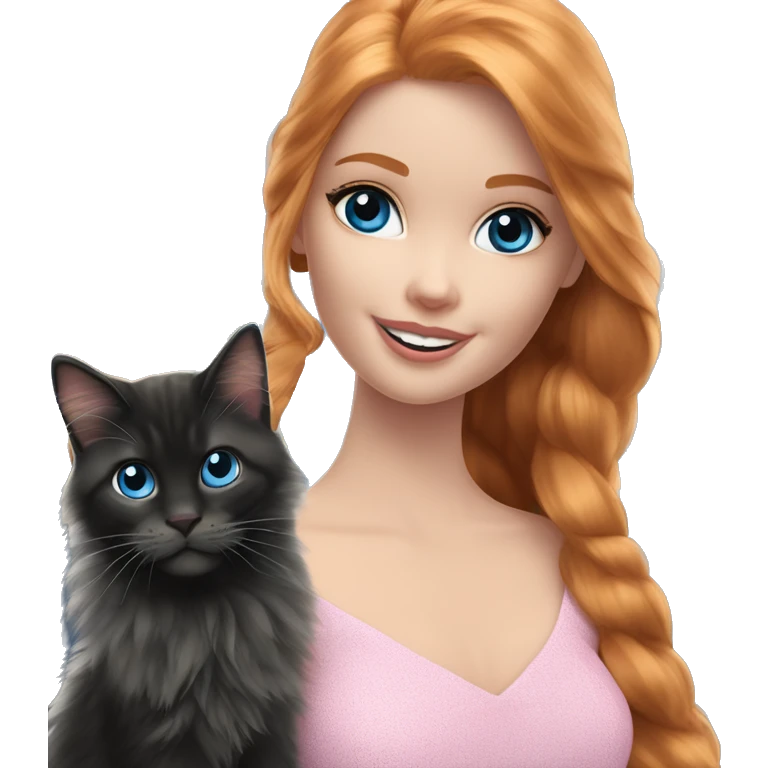 Barbie girl with long ginger hair and blue eyes Holds in her arms Black Maine coon emoji