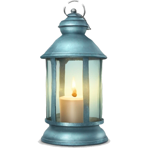 Realistic light blue rustic metallic and glass candle latern with lit candle inside emoji
