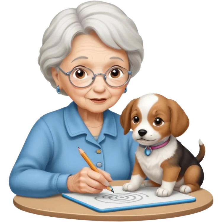 An elderly woman sketching her puppy face on the spiral pad. emoji