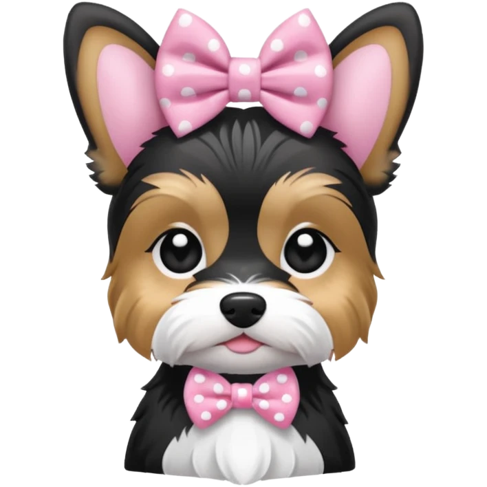 Biewer yorkie with straight ears, black and white color, pink white dotted bow between the ears emoji