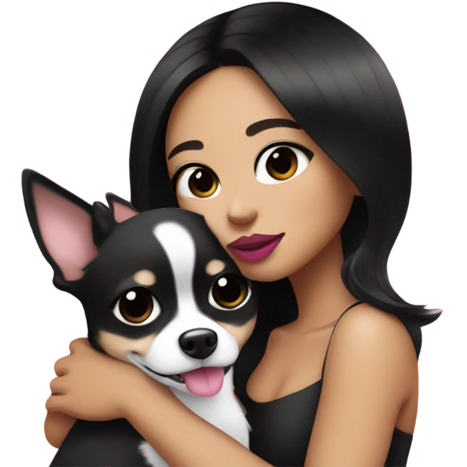 Thick medium black hair with black eyes and pink lip and pink cheek Filipino lady hugging black and white Chihuahua  emoji
