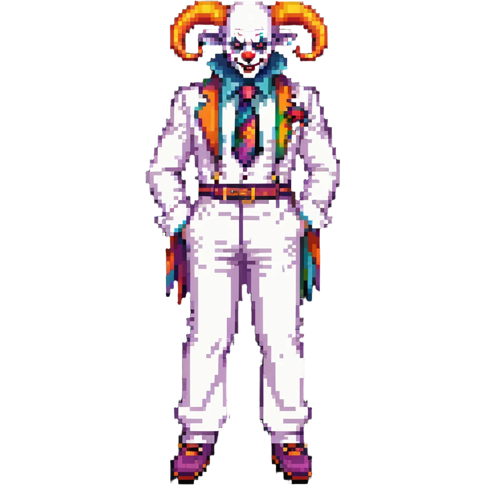 full-body demonic clown in a white leisure suit with bellbottom pants, bald, black ram horns, elevator shoes, flashy belt, ruffled shirt, colorful tie emoji