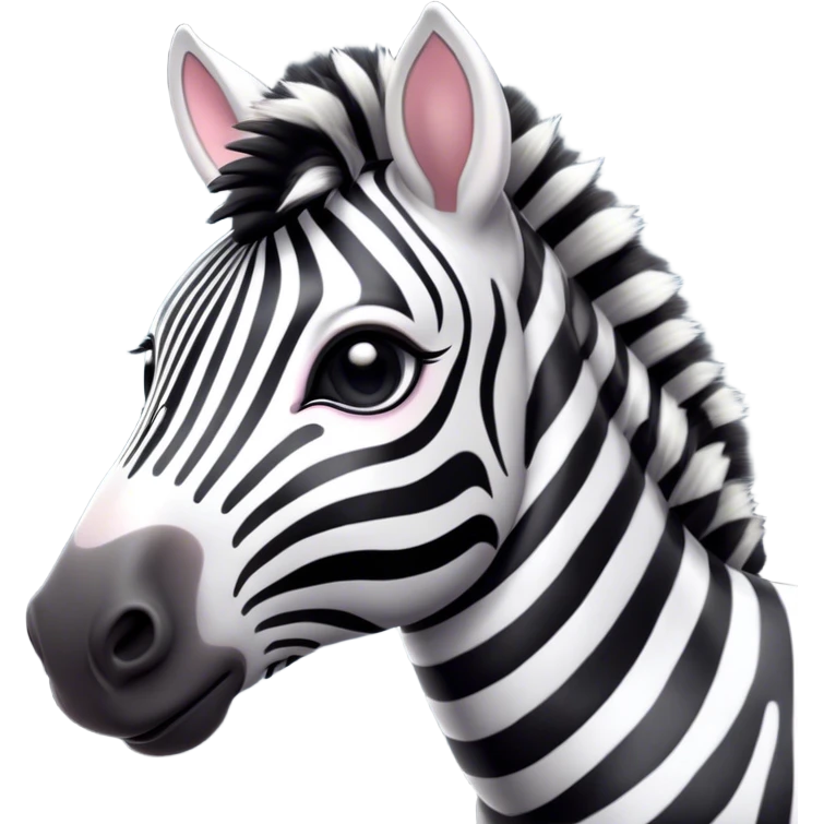 Cinematic Cute Zebra Portrait Emoji, Head tilted playfully and inquisitively, featuring a glossy, intricately striped fur of black and white, a refined, horse-like head with a long snout and alert ears, and round, sparkling eyes filled with curious wonder, Simplified yet irresistibly adorable features, highly detailed, glowing with a warm, friendly glow, high shine, affectionate and spirited, stylized with a touch of savannah whimsy, bright and endearing, soft glowing outline, capturing the essence of a mischievous yet loving zebra that feels like it could prance out of the screen and into your arms! emoji