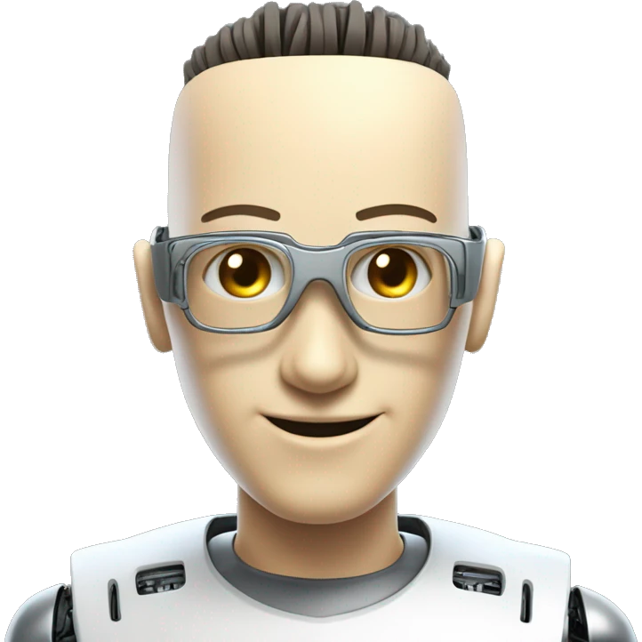 Robotic Cyborg head with fair skin, flat top haircut, rectangular glasses, circuits and smiling  emoji