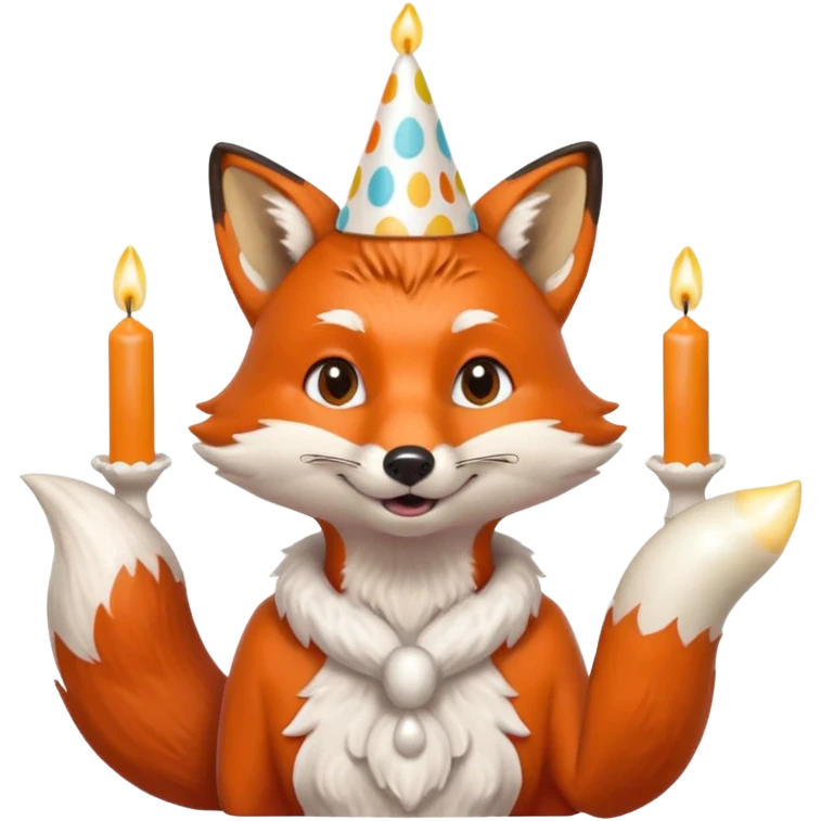 A fox wearing a birthday hat, joyfully blowing candles, portrait, bust up emoji