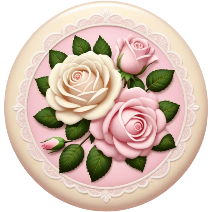 A round light cream colored button with light pink damask lace and white roses emoji