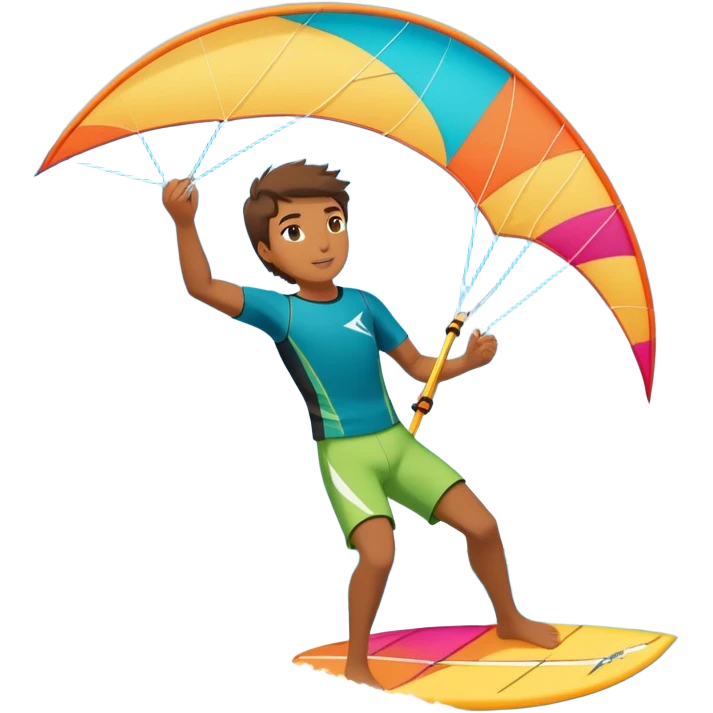 A professional kite surfer riding the waves, holding the kite in front of them as the wind fills the sail, propelling them across the water. The backdrop features a stunning landscape with a vibrant sky, crashing waves, and a sense of motion and adventure. emoji