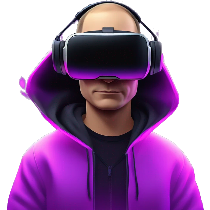 Putin wearing a black hoodie with "OMG" letters on it and VR headset oculus quest 2 in a cyberpunk VR environment with violet neon lighting. emoji