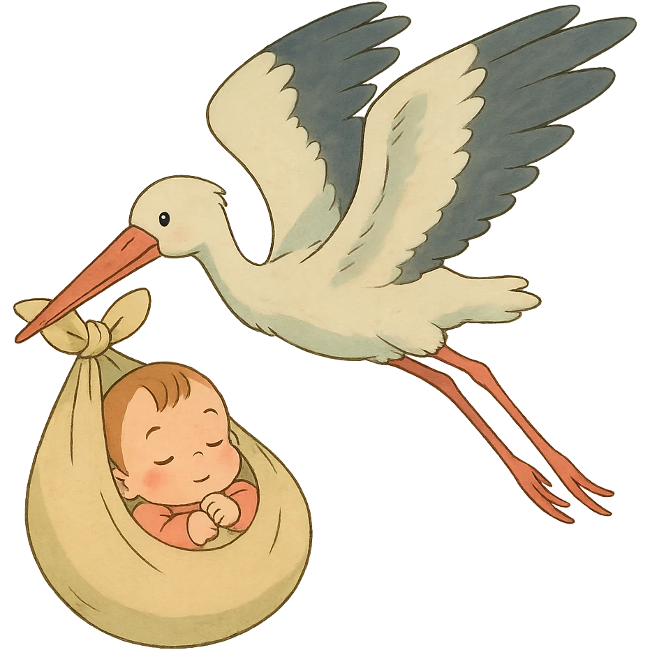 human baby in a bundle being a bundle being carried by a flying stork in ghibli style emoji
