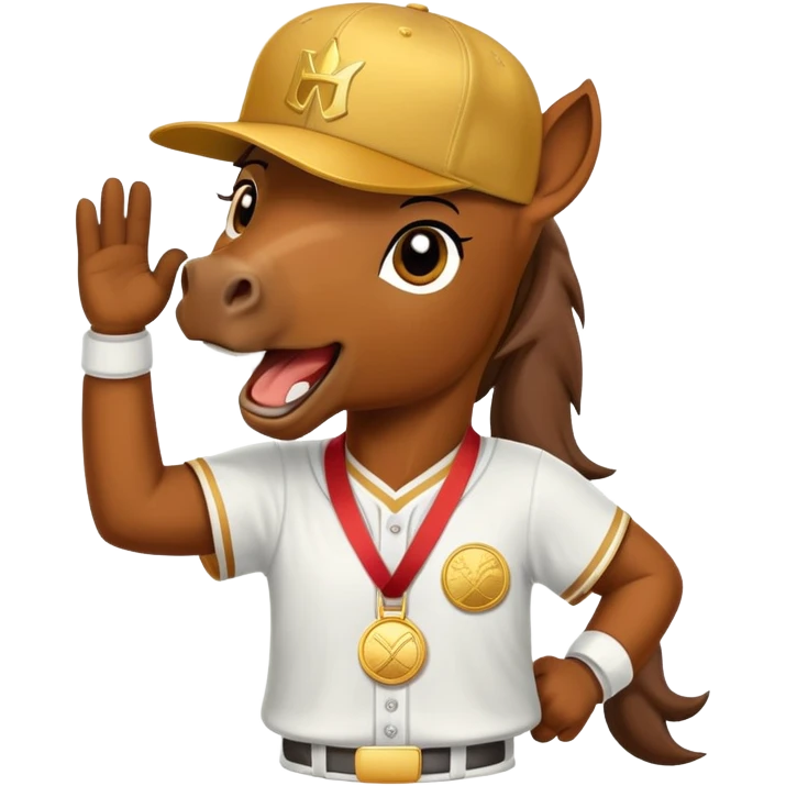 friendly anthropomorphised horse in a hip-hop outfit, wearing a gold medal and a baseball hat emoji