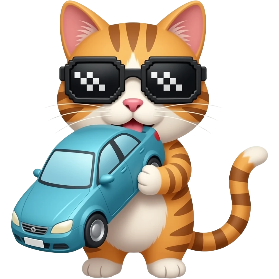 Araba ile dolasan kedi ve havalı pixel gözlüklü emoji
