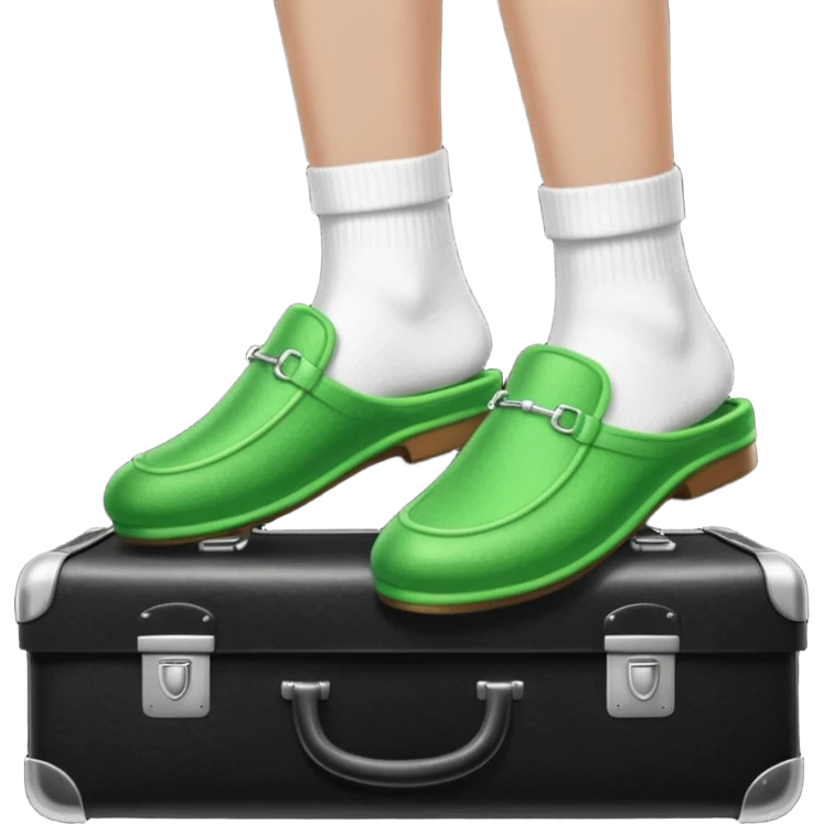 Feet with white socks wearing green house slippers standing on a briefcase emoji