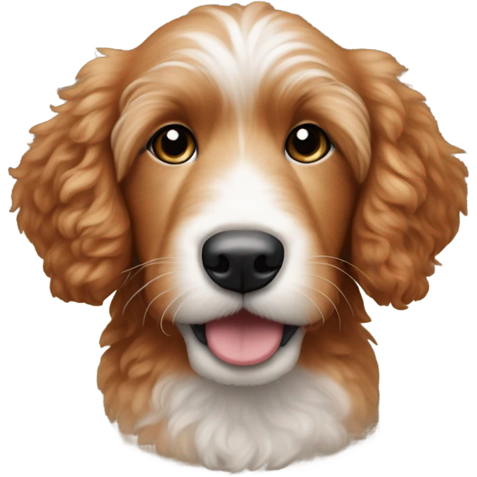 Red goldenoodle puppy with white tuft at tip of nose and white spot on top of head emoji