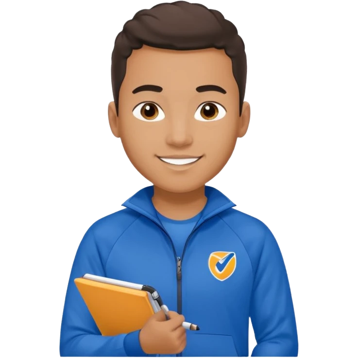 A young coach with a notepad, encouraging players with a confident smile. emoji