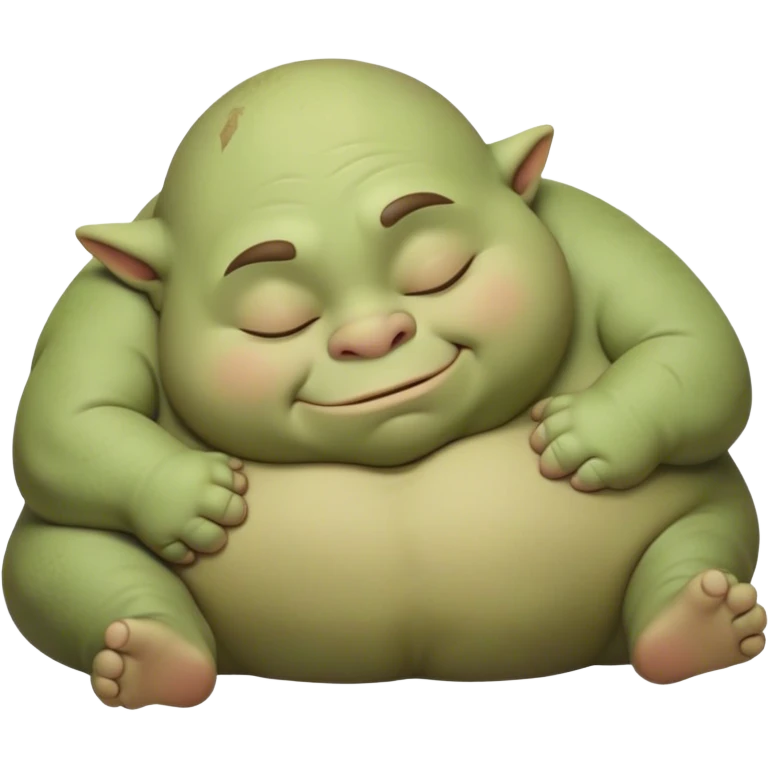 Meme-Worthy Cute Sleeping Ogre Portrait Emoji, with a surprisingly endearing, plump figure in soft earthy greens and browns, head drooping gently with closed, relaxed eyes and a content, sleepy grin, simplified yet adorably detailed, glowing with a soft warm outline that captures the peaceful slumber of a friendly ogre after a day of gentle mischief! emoji