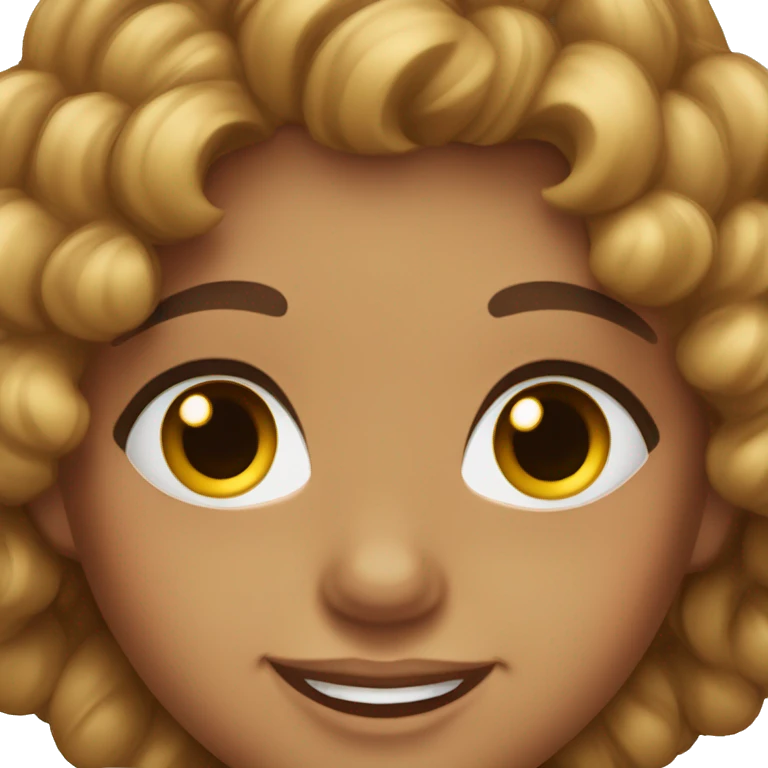 Tanned girl with brown curly hair dark brown eyes and false eyelashes smiling emoji