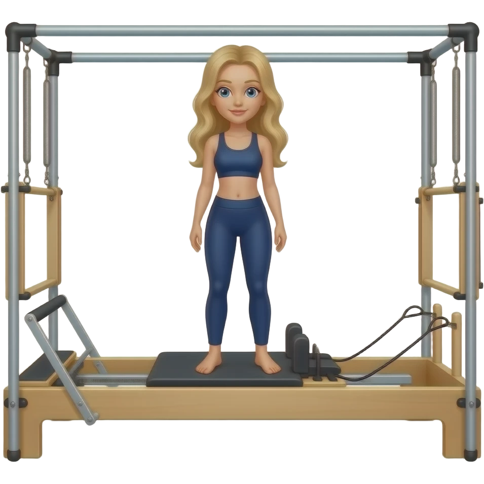 Cute long blonde hair blue eye gym girl wearing navy gym wear on Pilates reformer emoji