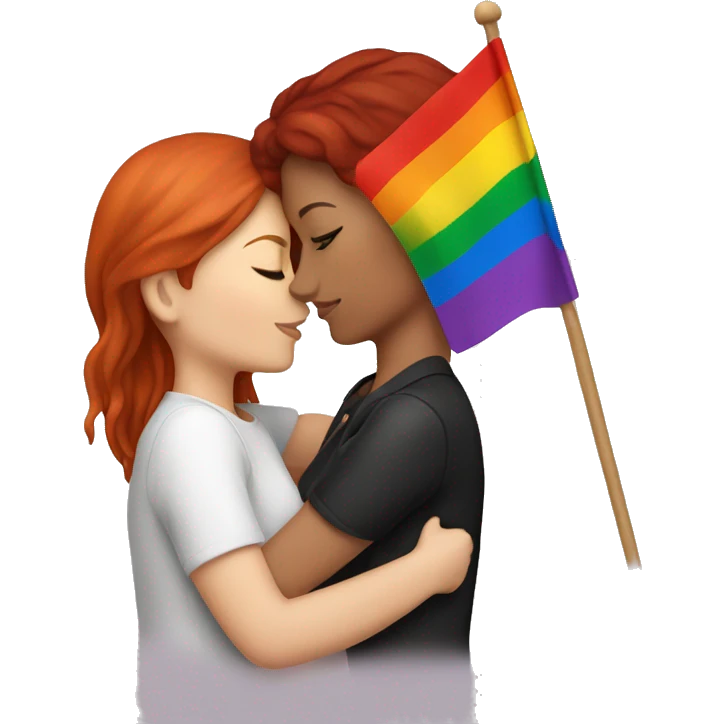 Brunette and redhead lesbian couple are kissing and hold lgbt flag emoji