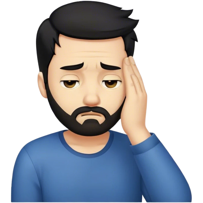 Facepalm emoji with disappointed expression, trimmed beard, medium-length black hair, short sides, hair forward emoji