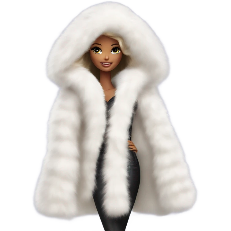 Barbie in an extremely big fluffy oversized white fur coat with hood on. The fur is real and it’s very obvious big and fluffy like in Pinterest  emoji