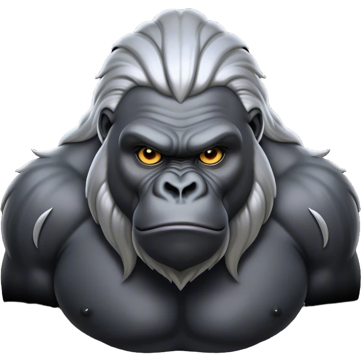 Cinematic Noble Silverback Gorilla Portrait Emoji, Poised and majestic, with a powerful, muscular frame accentuated by a distinguished silver mane and piercing, wise eyes, Simplified yet sharp and sophisticated features, highly detailed, glowing with a soft, regal jungle glow, high shine, intelligent and commanding, stylized with an air of imperial strength, focused and resolute, soft glowing outline, capturing the essence of a watchful guardian that feels as though it could step out of the screen with effortless authority! emoji