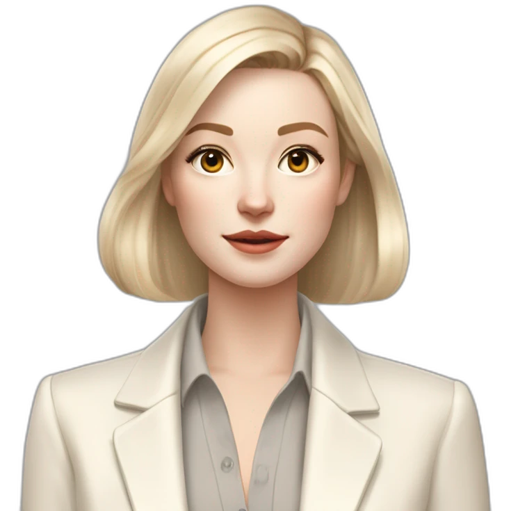 pale skin woman with ash blonde Straightened bob Hair, White Spacious classical jacket, beige palazzo Arrow pants and gray blouse holding white IPhone 14 pro in the hands emoji