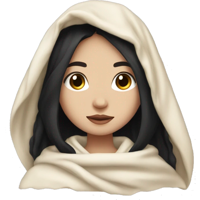 Girl with pale skin black shoulder length hair in a blanket all cozy emoji