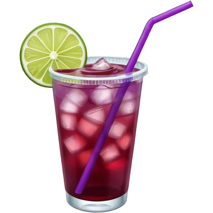 maroon purple cocktail with a lime wedge in the drink in a plastic cup with lid and straw

 emoji