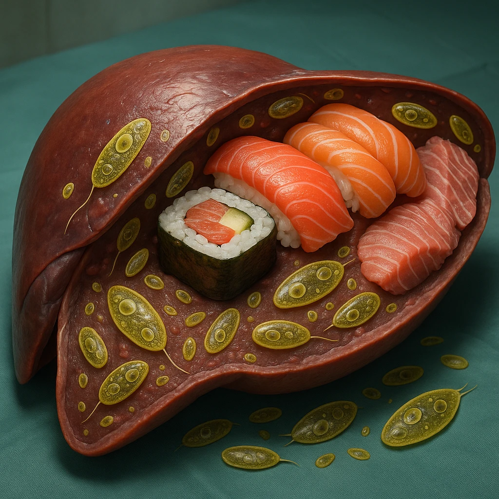 Hyperrealistic 4K anatomical view of a human liver cut in half, containing sushi and raw fish full of protozoa, realistic anatomical details, medical atmosphere, protozoa clearly visible and enlarged. emoji