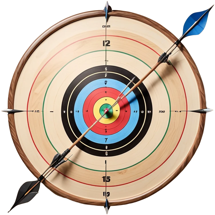 A professional recurve bow with an arrow nocked, ready to be released. The target features concentric rings, placed at a distance. The emphasis is on the bow, arrow, and target, highlighting the precision, focus, and skill involved in competitive archery. emoji
