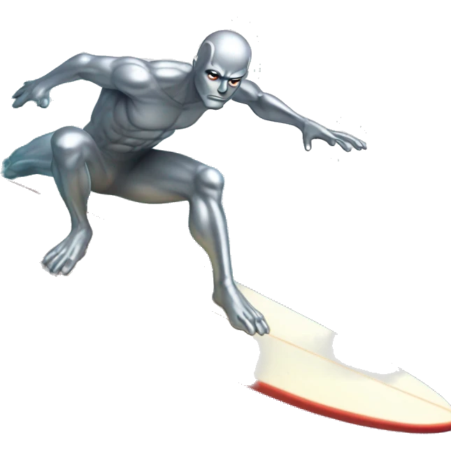 Silver surfer riding a surf board but with a serious face  emoji