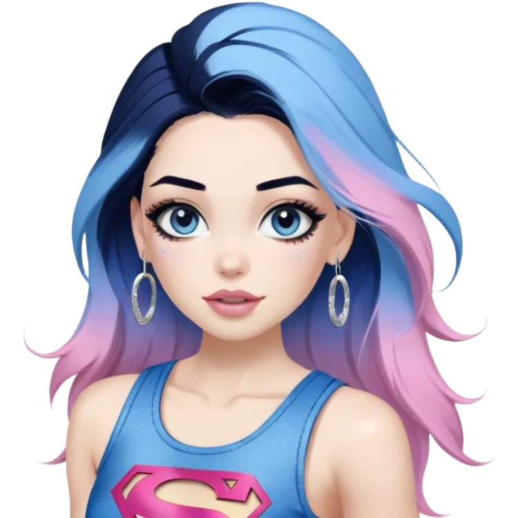 Large upper body-very excited-very-beautiful-face-white ripped cargo pants-light-pink-lips-very long-very-straight-dark-blue-ombre-hair-and-blue-eyes-thick-black-eyeliner-thick-long-eyelashes-sky-blue-superman-tank-top-with-glitter-and-silver-hoop-earrings emoji