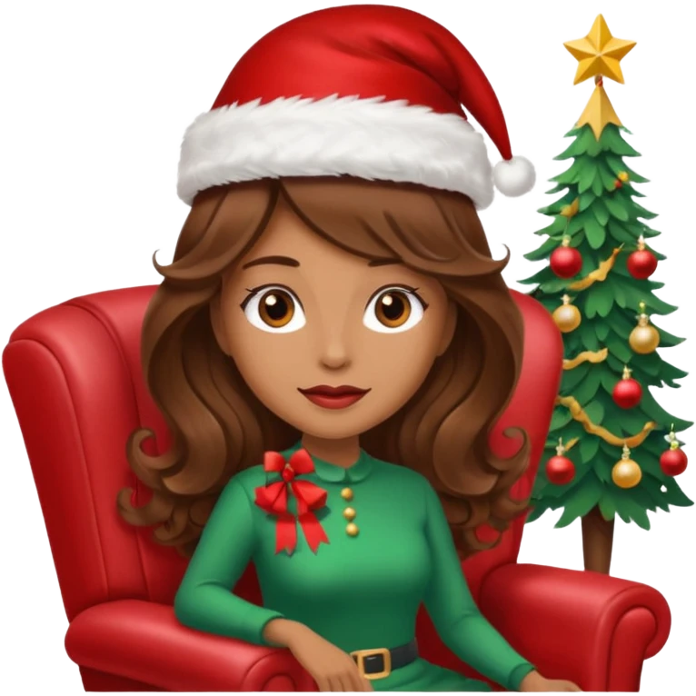 mujer peinandose en la peluqueria y con un gorro de navidad, cabello largo café y ondulado emoji