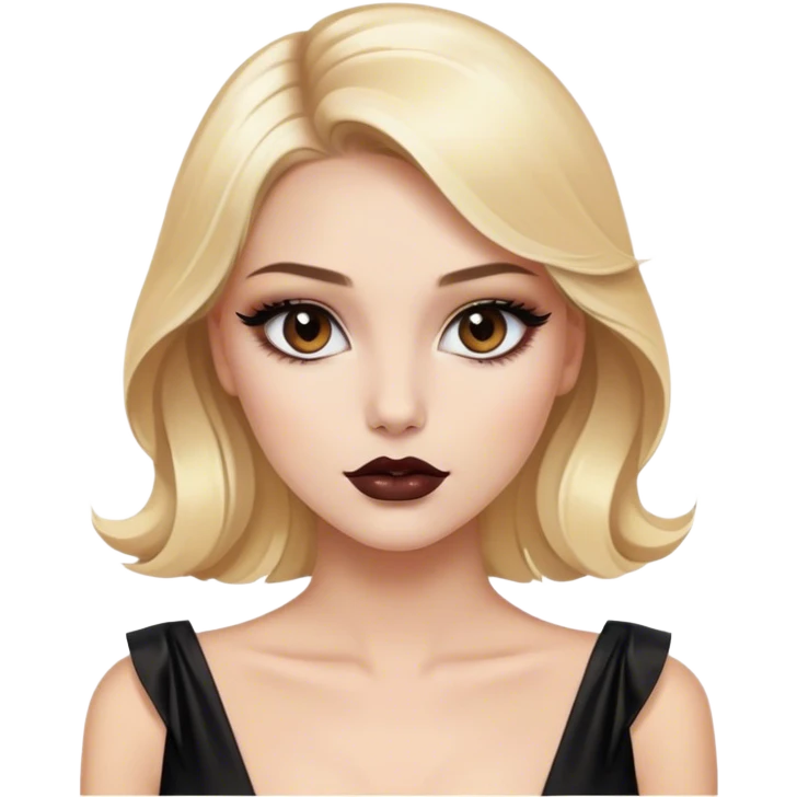 Blonde model with brown eyes, black silk dress, luxury makeup emoji
