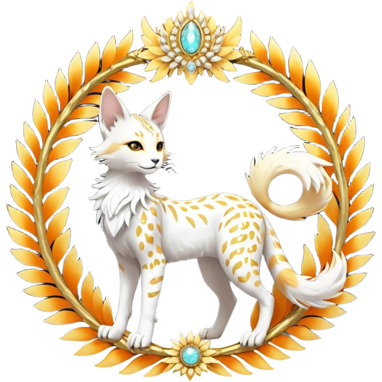 Epic complex fantasy glorious detailed futuristic divine godly angelic feathery sunny, white, albino, pastel, golden, orange glowing sparkly, realistic Fakémon-Sprigatito-Floragato-Meowscarada-Trico-Sergal-Serval-Solgaleo-Vernid-creature (full body) solarpunk, shiny sparkly with gold wreaths emoji