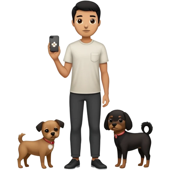 Mexican man with black hair and brown eyes wearing a shirt and black pants, holding a small white dog with one brown ear emoji